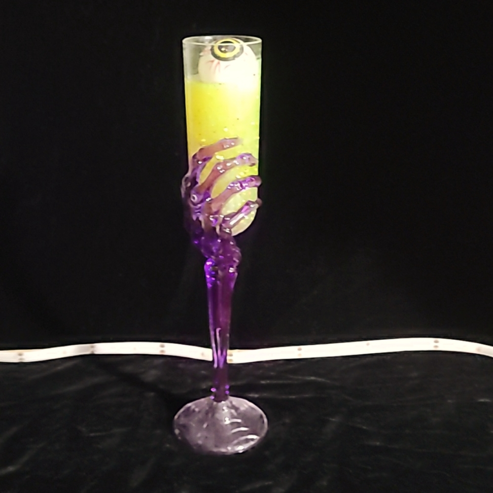 Faux Halloween Champagne Flute w‎ Eyeball  with Resin Drink / Glow in the DARK